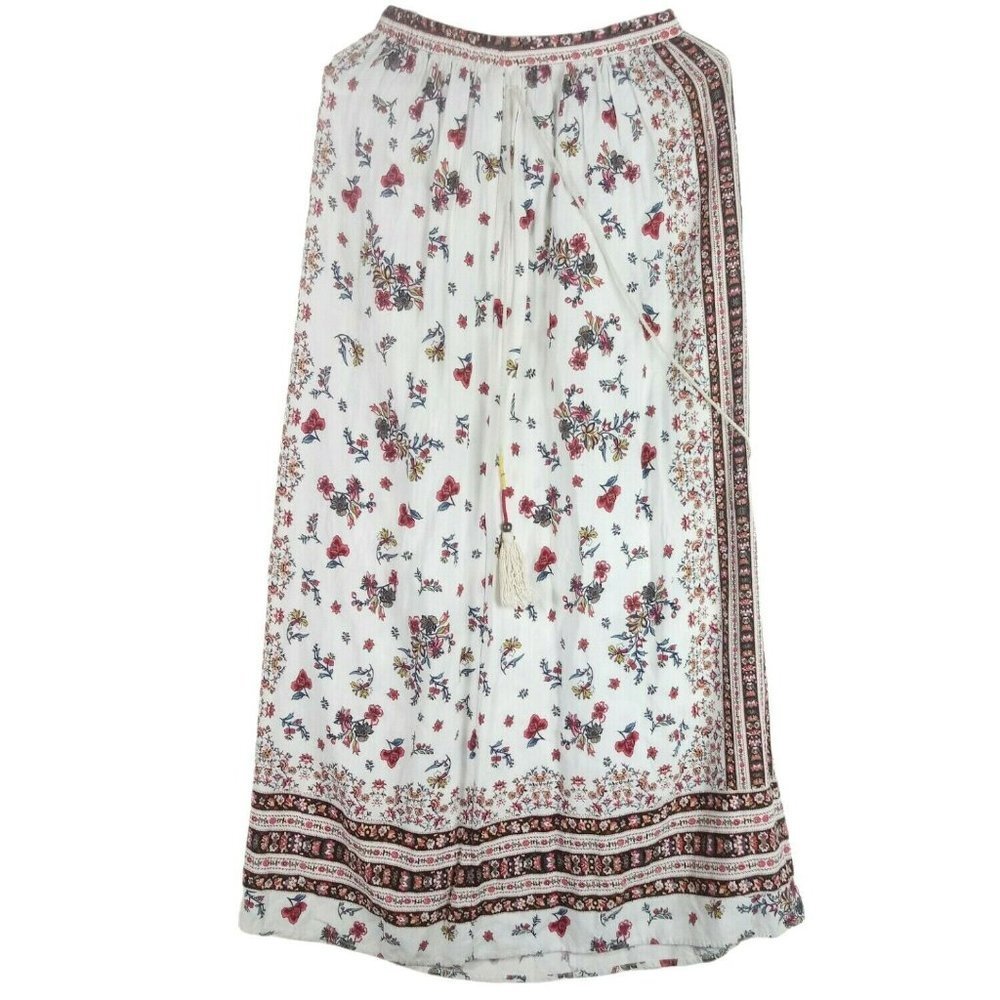 Forever 21 Boho Floral Maxi Skirt Size XS White Tassel Accent 1/2 Elastic Waist